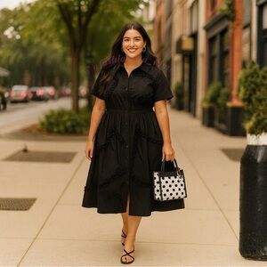 Kate spade black frill dress Ribbon Trim Midi Shirtdress NWT